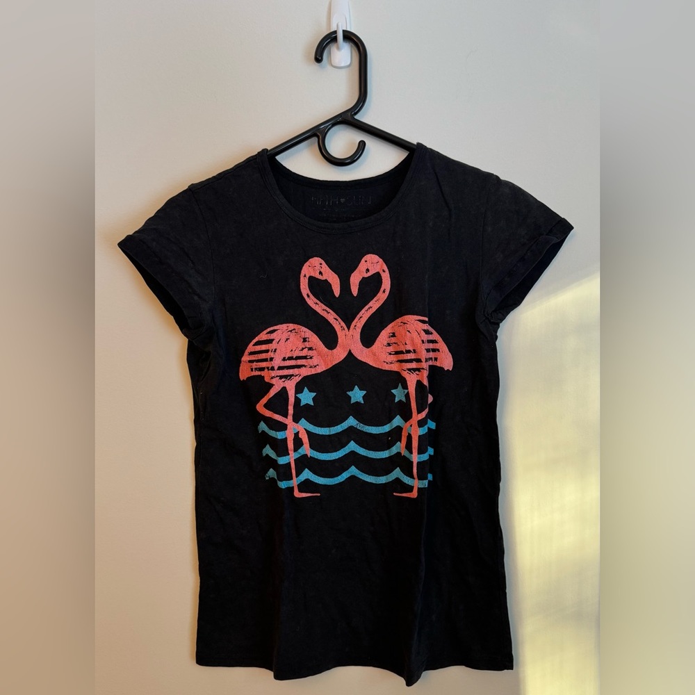 Fifth Sun Black Tee with Pink Flamingos